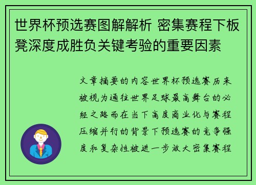 世界杯预选赛图解解析 密集赛程下板凳深度成胜负关键考验的重要因素 世界杯预选赛图解解析 密集赛程下板凳深度成胜负关键考验的重要因素